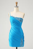 Blå Bodycon One Shoulder Rynkad Satin Homecoming Klänning med Paljetter