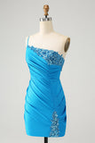 Blå Bodycon One Shoulder Rynkad Satin Homecoming Klänning med Paljetter