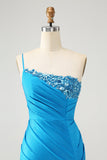 Blå Bodycon One Shoulder Rynkad Satin Homecoming Klänning med Paljetter