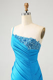 Blå Bodycon One Shoulder Rynkad Satin Homecoming Klänning med Paljetter