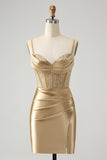 Snygg Bodycon Spaghetti Remmar Korsett Satin Röd Homecoming Klänning med Slits