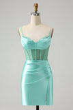Snygg Bodycon Spaghetti Remmar Korsett Satin Röd Homecoming Klänning med Slits