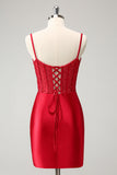 Snygg Bodycon Spaghetti Remmar Korsett Satin Röd Homecoming Klänning med Slits