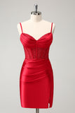 Ljusgrön Spaghetti Remmar Bodycon Korsett Satin Homecoming Klänning med slits