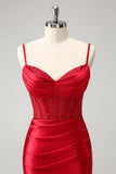 Ljusgrön Spaghetti Remmar Bodycon Korsett Satin Homecoming Klänning med slits