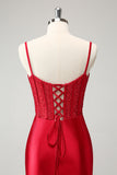 Gyllene Spaghetti Remmar Bodycon Korsett Satin Homecoming Klänning med slits