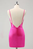 Enkel Fuchsia Cowl Hals Rygglös Tight Kort Homecoming Klänning