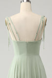Matcha A-linje Spaghetti Straps Chiffong Brudtärneklänning med volanger