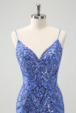 Blå Backless Spaghetti Straps Tight Homecoming Klänning med Paljetter