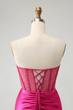 Glittrande Fuchsia Tight Pärlstav Korsett Axelbandslös Homecoming Klänning