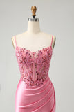 Glittrande rosa Tight Korsett Spaghetti Remmar Homecoming Klänning med Appliques