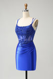 Royal Blue Korsett Spaghetti Remmar Tight Homecoming Klänning