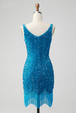 Glittrande Salvia Bodycon V-ringad Paljett Kort Homecoming Klänning med Tofs