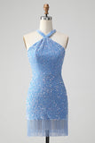 Glittrande Lila Bodycon Halter Tofs Kort Homecoming Klänning med Paljetter