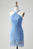 Glittrande Lila Bodycon Halter Tofs Kort Homecoming Klänning med Paljetter