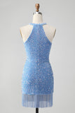 Glittrande Lila Bodycon Halter Tofs Kort Homecoming Klänning med Paljetter