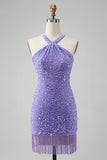 Glittrande Lila Bodycon Halter Tofs Kort Homecoming Klänning med Paljetter
