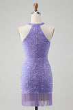 Glittrande Lila Bodycon Halter Tofs Kort Homecoming Klänning med Paljetter