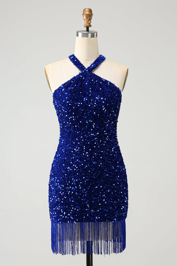 Glittrande Royal Blue Bodycon Halter Paljett Kort Homecoming Klänning med Tofs