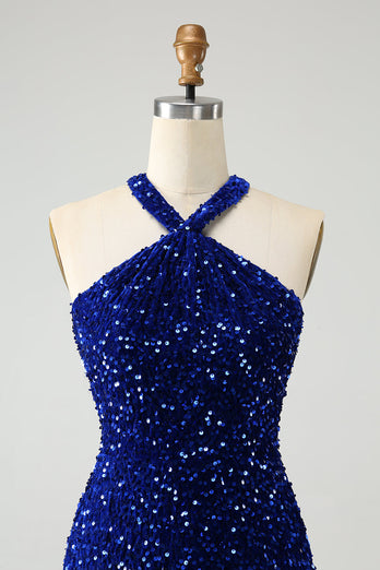 Glittrande Royal Blue Bodycon Halter Paljett Kort Homecoming Klänning med Tofs