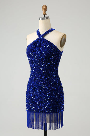 Glittrande Royal Blue Bodycon Halter Paljett Kort Homecoming Klänning med Tofs