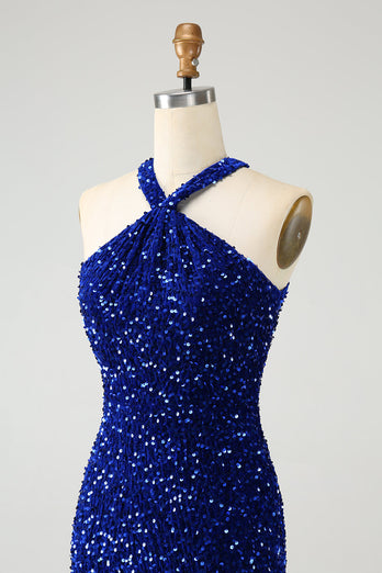 Glittrande Royal Blue Bodycon Halter Paljett Kort Homecoming Klänning med Tofs