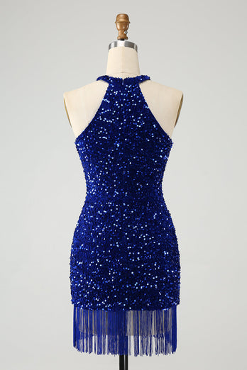 Glittrande Royal Blue Bodycon Halter Paljett Kort Homecoming Klänning med Tofs