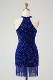 Glittrande Lila Bodycon Halter Tofs Kort Homecoming Klänning med Paljetter