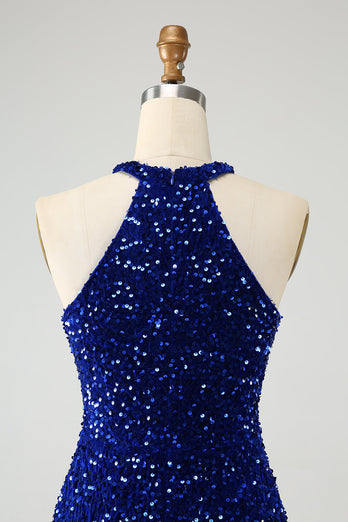 Glittrande Royal Blue Bodycon Halter Paljett Kort Homecoming Klänning med Tofs