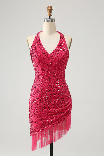 Glittrande Fuchsia Paljetter Halter Kort Bodycon Homecoming Klänning med tofsar