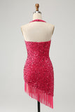 Glittrande Fuchsia Paljetter Halter Kort Bodycon Homecoming Klänning med tofsar