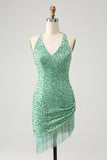 Glittrande Fuchsia Paljetter Halter Kort Bodycon Homecoming Klänning med tofsar