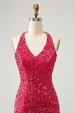 Glittrande Fuchsia Paljetter Halter Kort Bodycon Homecoming Klänning med tofsar