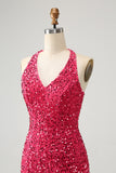 Glittrande Fuchsia Paljetter Halter Kort Bodycon Homecoming Klänning med tofsar