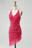 Glittrande Fuchsia Paljetter Halter Kort Bodycon Homecoming Klänning med tofsar