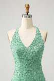 Glittrande Fuchsia Paljetter Halter Kort Bodycon Homecoming Klänning med tofsar