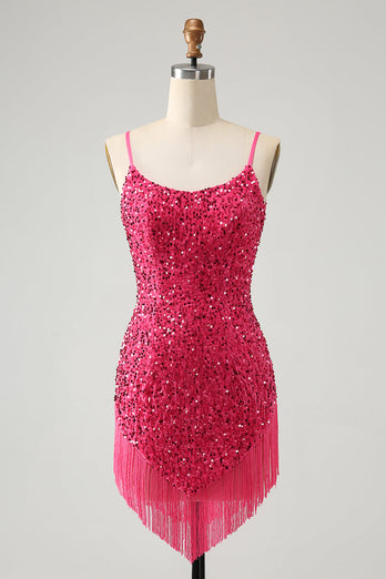 Fuchsia Paljetter Spaghetti Straps Kort Homecoming Klänning med Tofsar