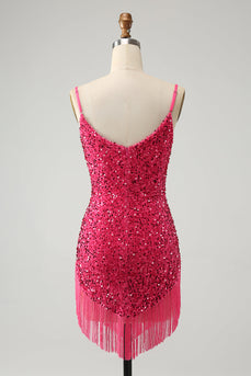 Fuchsia Paljetter Spaghetti Straps Kort Homecoming Klänning med Tofsar