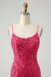 Fuchsia Paljetter Spaghetti Straps Kort Homecoming Klänning med Tofsar