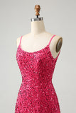 Fuchsia Paljetter Spaghetti Straps Kort Homecoming Klänning med Tofsar