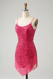 Fuchsia Paljetter Spaghetti Straps Kort Homecoming Klänning med Tofsar