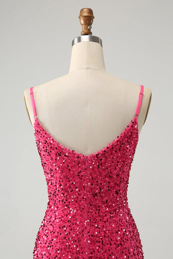 Fuchsia Paljetter Spaghetti Straps Kort Homecoming Klänning med Tofsar