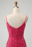 Fuchsia Paljetter Spaghetti Straps Kort Homecoming Klänning med Tofsar