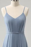 Grå Blå Chiffong Korsett A Line Spaghetti Straps Plisserad Lång Brudtärna Klänning