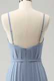 Grå Blå Chiffong Korsett A Line Spaghetti Straps Plisserad Lång Brudtärna Klänning