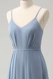 Grå Blå Chiffong Korsett A Line Spaghetti Straps Plisserad Lång Brudtärna Klänning