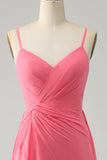 Korall A Line V-hals Spaghetti Straps Chiffong Lång Brudtärna Klänning Med Slits
