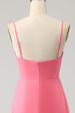 Korall A Line V-hals Spaghetti Straps Chiffong Lång Brudtärna Klänning Med Slits