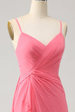Korall A Line V-hals Spaghetti Straps Chiffong Lång Brudtärna Klänning Med Slits