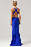 Royal Blue Mermaid V hals Cut Out Rynkad Lång Brudtärna Klänning